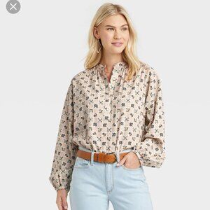 Universal Thread Oversized Poet Blouse Cottagecore Checkered Flowers Tan Blue S